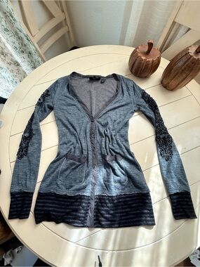 Miss Me Gray Embroidered Sleeve Cardigan with Textured Hem